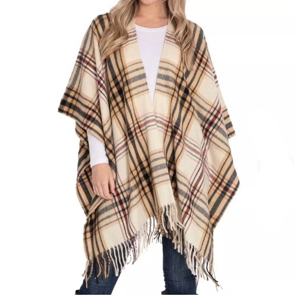 Woolrich Sweaters - Vintage Woolrich Sienna Plaid Wrap Blanket One Size Tan Black Cream Maroon